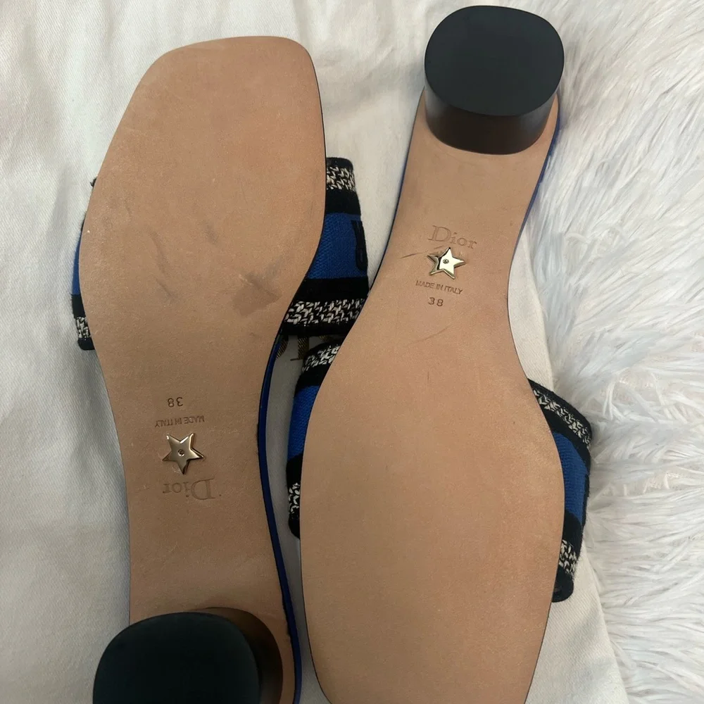 Dior Dway Heeled Slide Blue & Black Embroidered Cotton - Picture 8 of 12